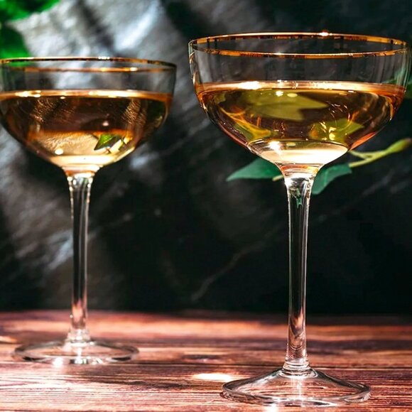 New Set of 2 Vintage Crystal Champagne Martini Gold Rim Glasses - Picture 1 of 6